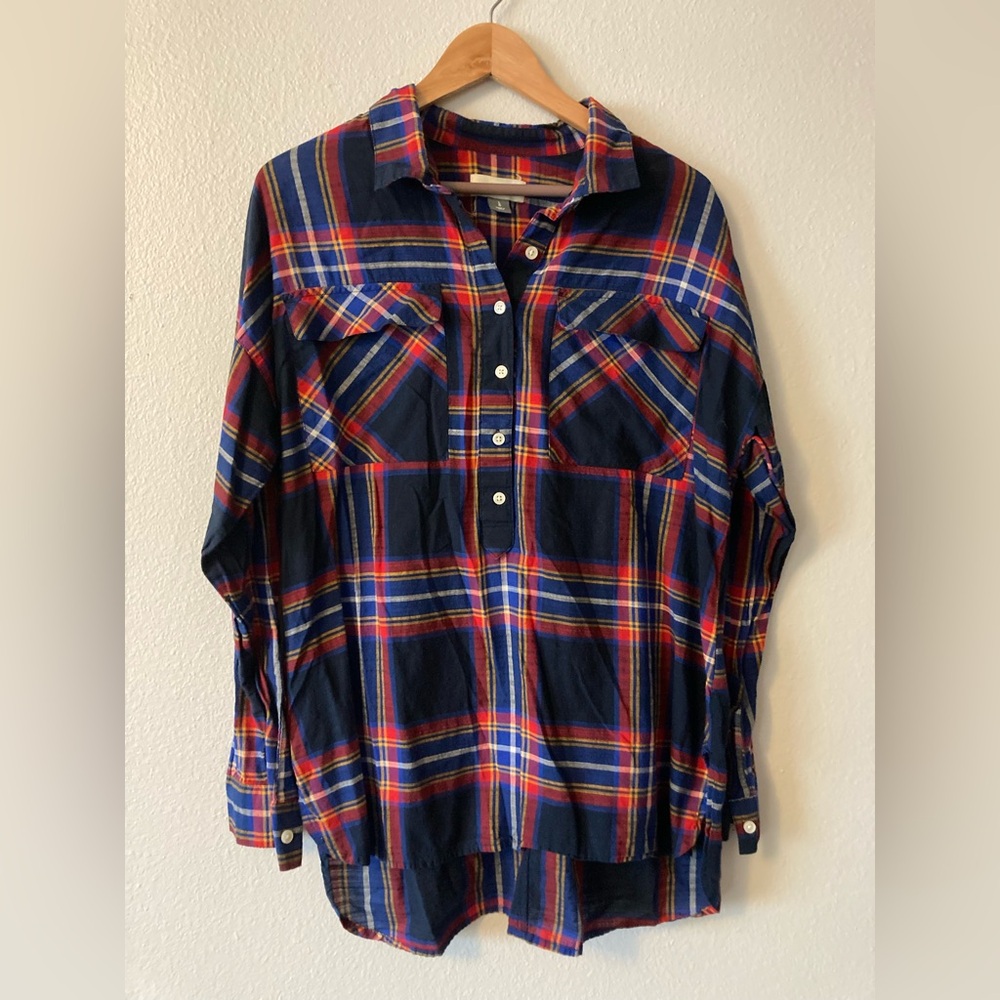 Navy Blue and Red Half Button Plaid